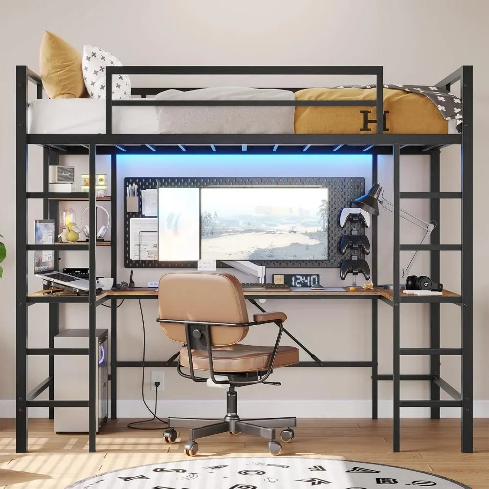 Lit Loft de Taille avec Bureau en Forme de U et Lumières LED, Cadre en Métal avec Station de Charge et Étagères de Rangement