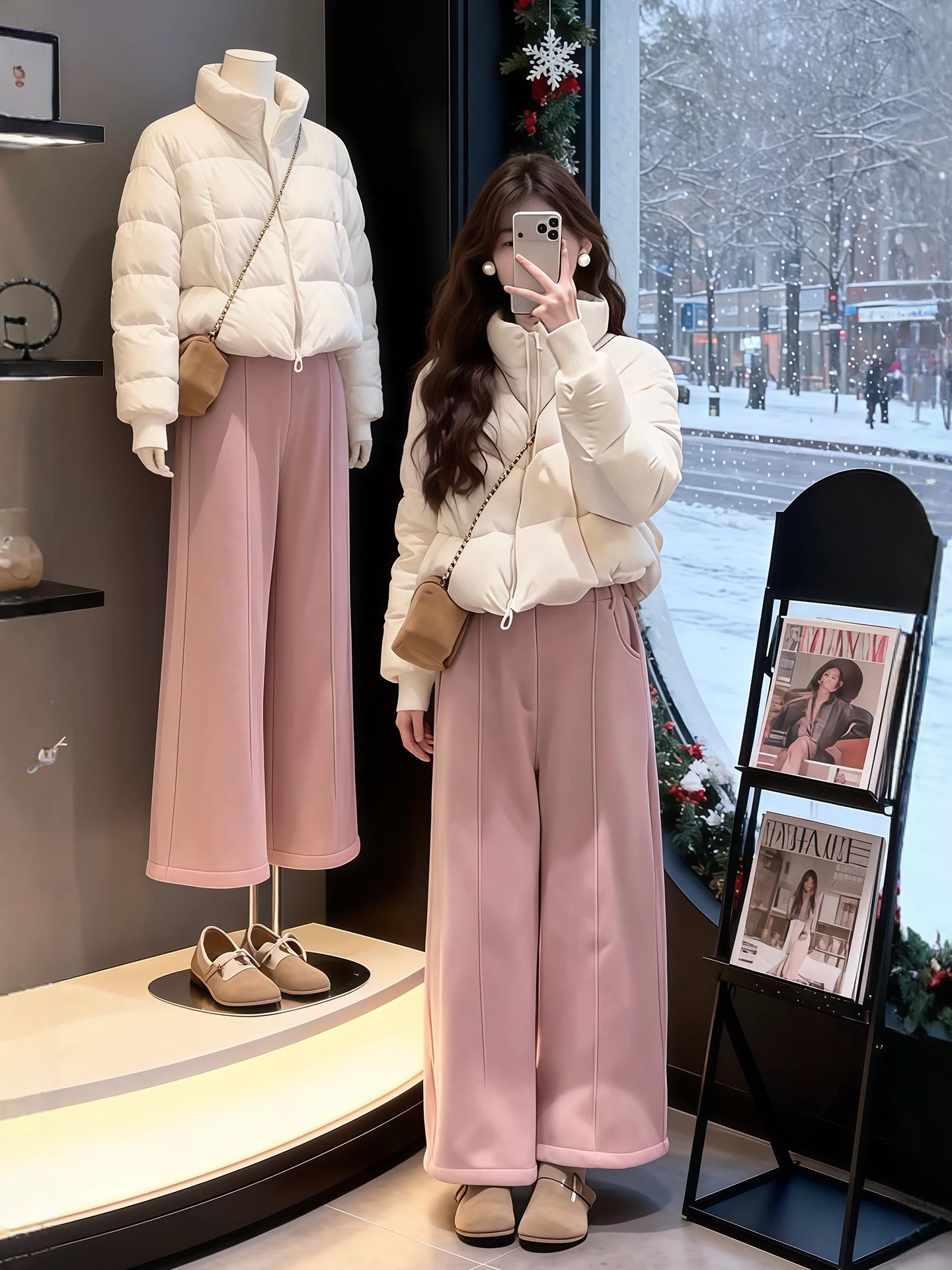 

Soft Winter Outfit Women's ort Bread Coat Cotton Jaet Outerwear with Wide Leg Pants Warm Gentle Age-Defng Set