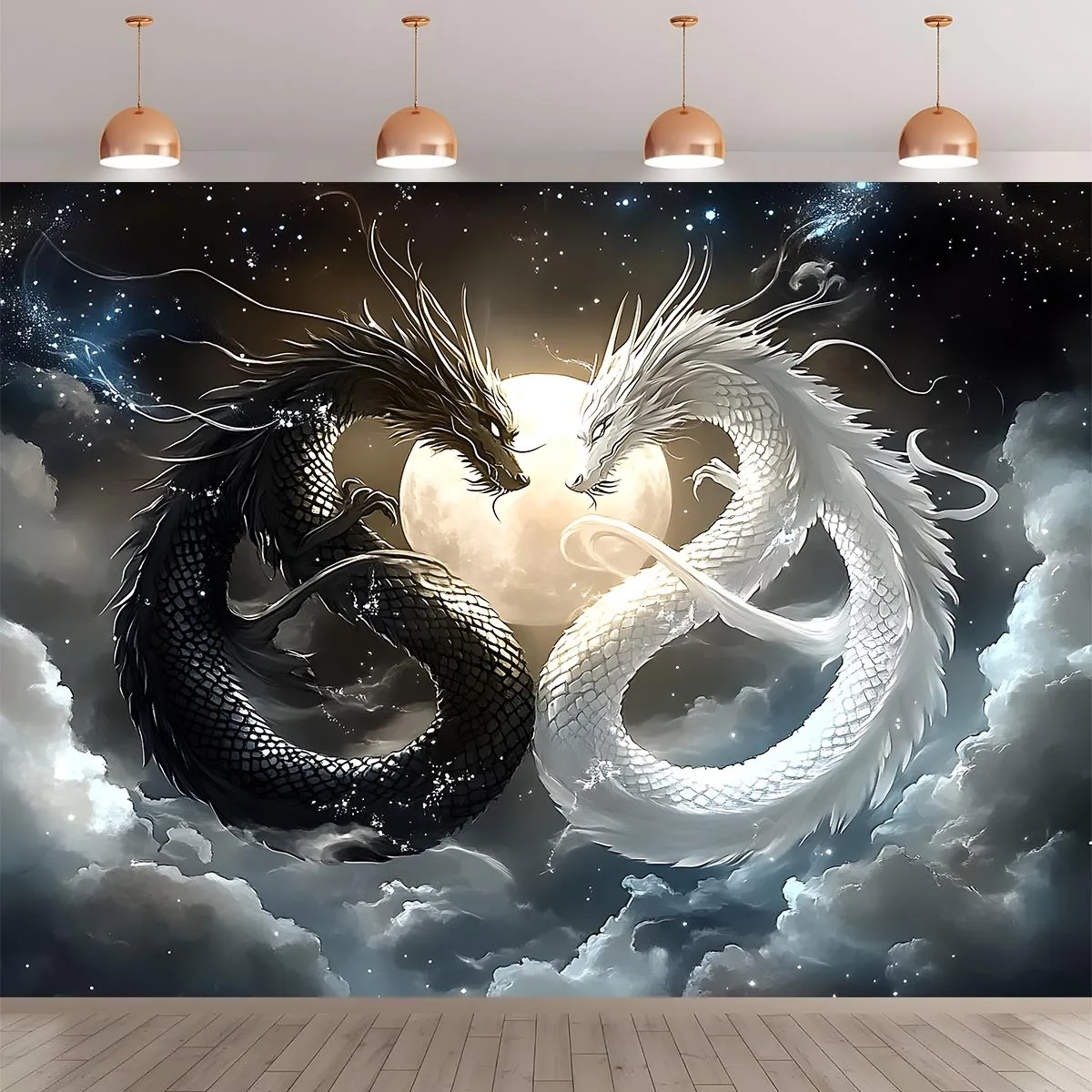 1pc Yin-Yang dragon, moon, and starry sky pattern tapestry, machine washable polyester, suitable for bedrooms and living rooms.