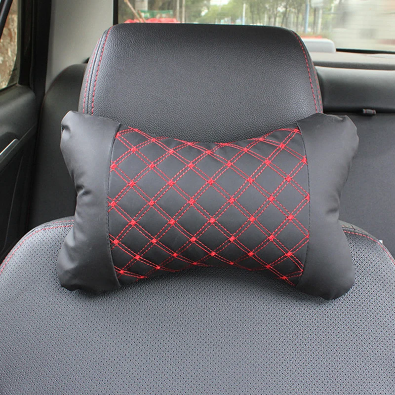 1pc Car Neck Pillow Both Side Pu Leather Headrest For Head Pain Relief Filled Fiber Black And Red Line Car Pillow 28x18x9cm