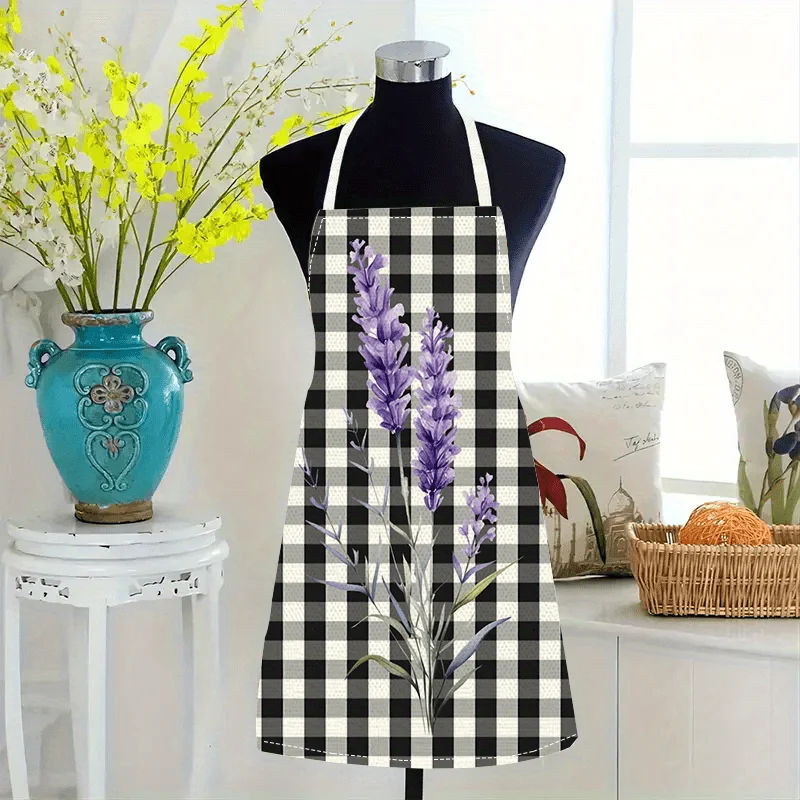 

Черно-белый клетчатый фартук лавандового цвета – с цветочным принтом на ткани в клетку, хлопковый кухонный фартук унисекс, моющийся, многоразовый.