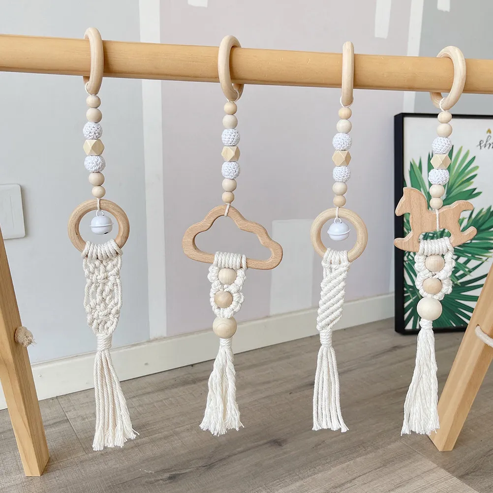 

4Pcs Strong Wood Fitness Rack Pendants Bohemia Style Hanging Ornaments for Nursery Room Decoration Hanging Sensory Toys
