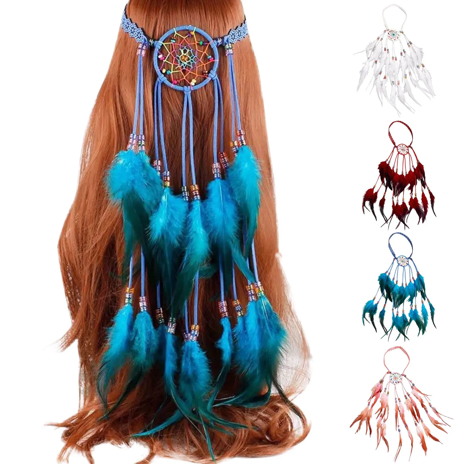 Carnival Indian Tribal Ethnic Wood Beads Leather Feather Headband Hair Rope Bohemian Hippie Festive Hair Accessories Jewelry