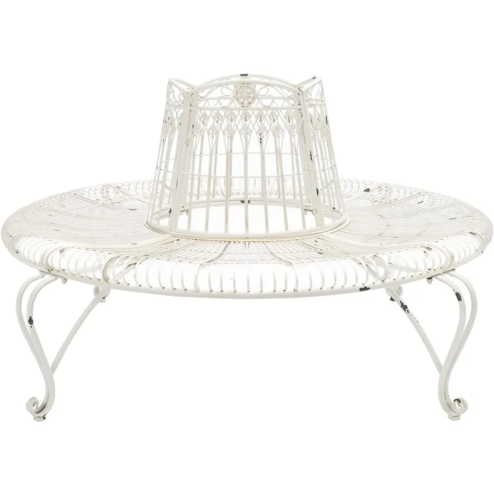 

60-inch Round Tree Bench in Antique White Wrought Iron - Outdoor Ally Darling Collection