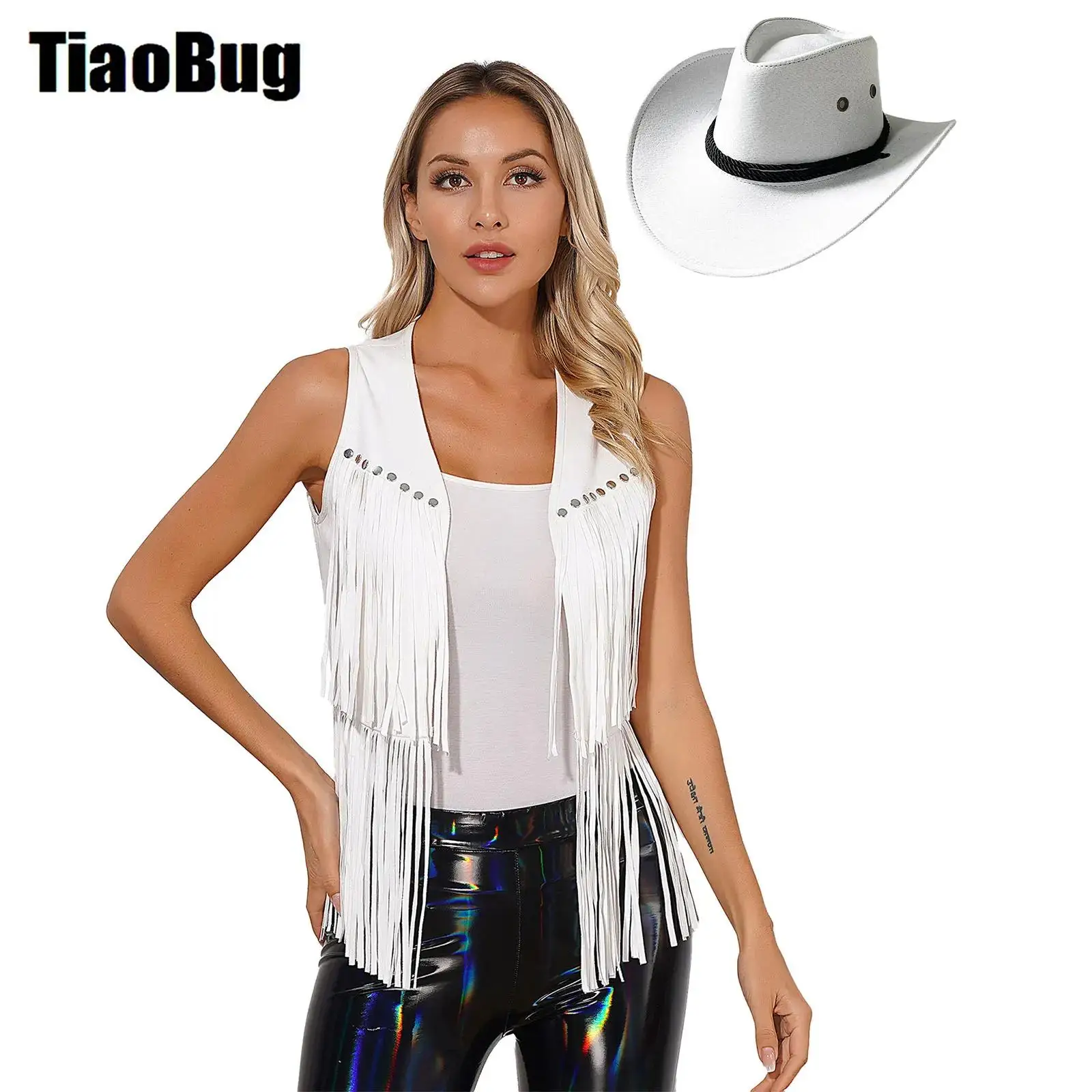 

Womens Cowgirl Cosplay Clothes Faux Suede Tassel Vest Fashion Rivets Fringe Waistcoat Open Front Jacket with Wide Brim Hat