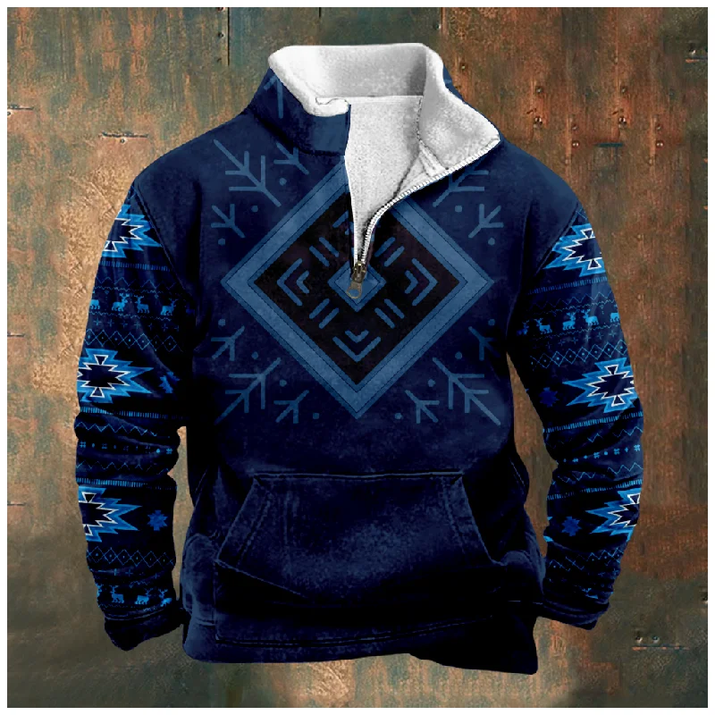 

New Christmas Cotton Jacket Hooded Sweater Casual Print Men's Long Sleeve Standing Neck Half Zip Sweater Inner Cut a22