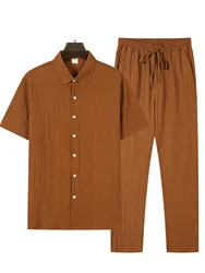 2024 Summer New Men's Solid Color Simple Short Sleeved Shirt And Pants Set Casual Home Comfortable Top And Pants Two-piece