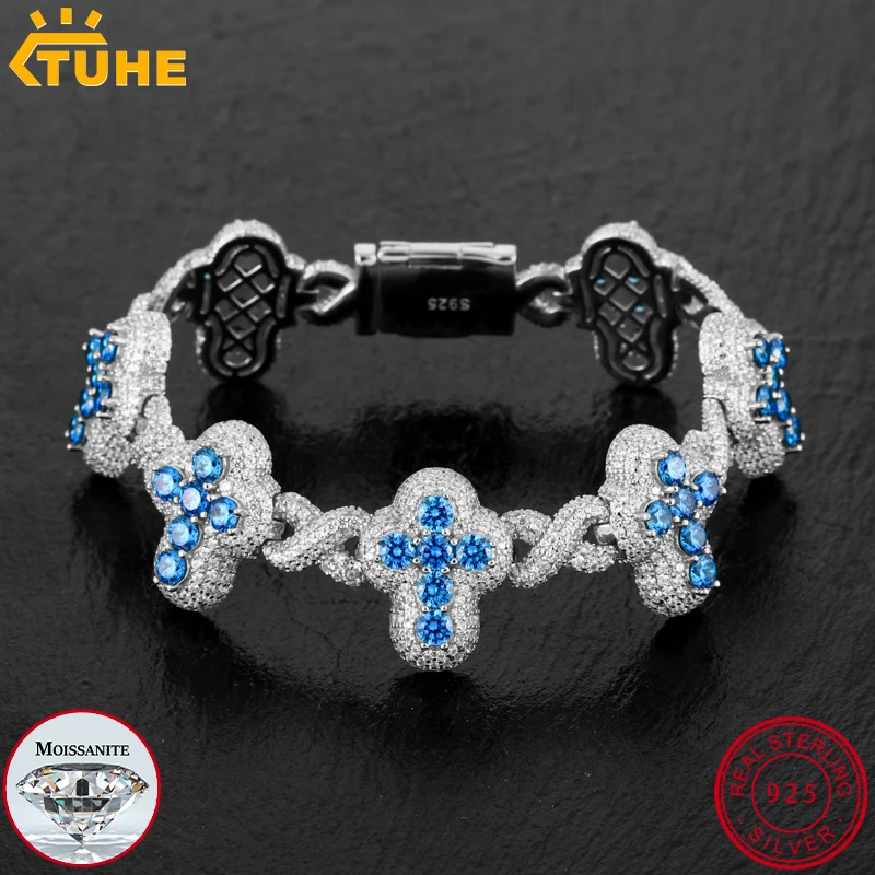 TUHE 925 Silver Infinity Cross Bracelet Iced Out Blue CZ Cuban Link Chain For Man Woman Hip Hop Jewelry Party Gift