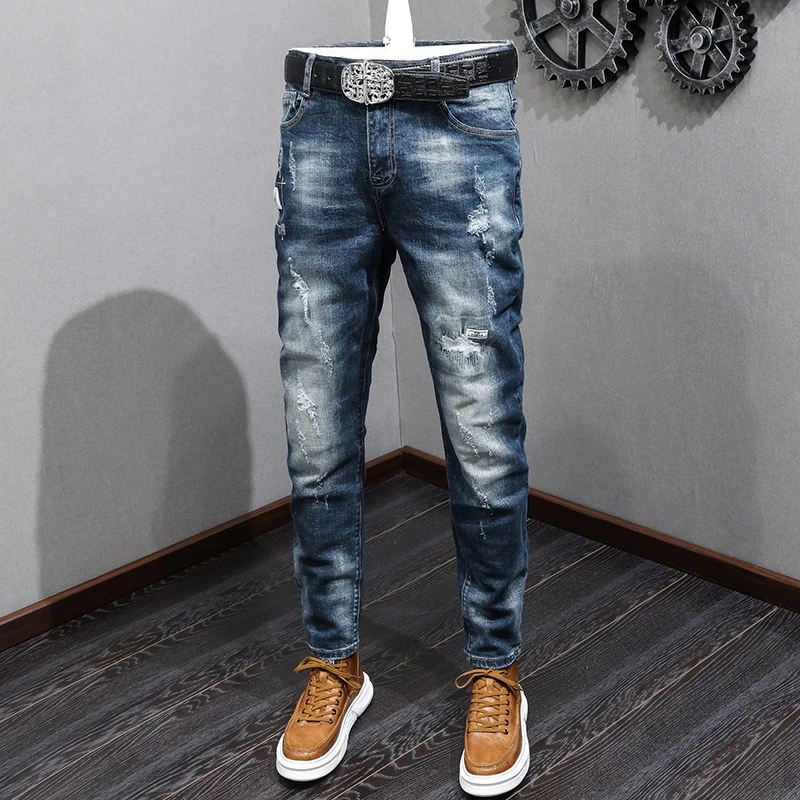 

JXN833 Simple high-end blue broken hole washed white embroidery stretch jeans men tide Slim thin