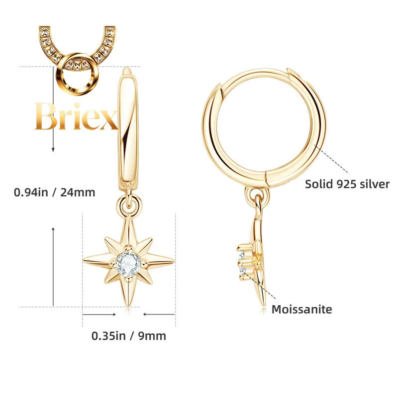 Briex Jewelry Trend New Hoops Earrings for Women 2.5mm Moissanite Star Starburst North-Star Real 925 Silver Charm Drop Earring V