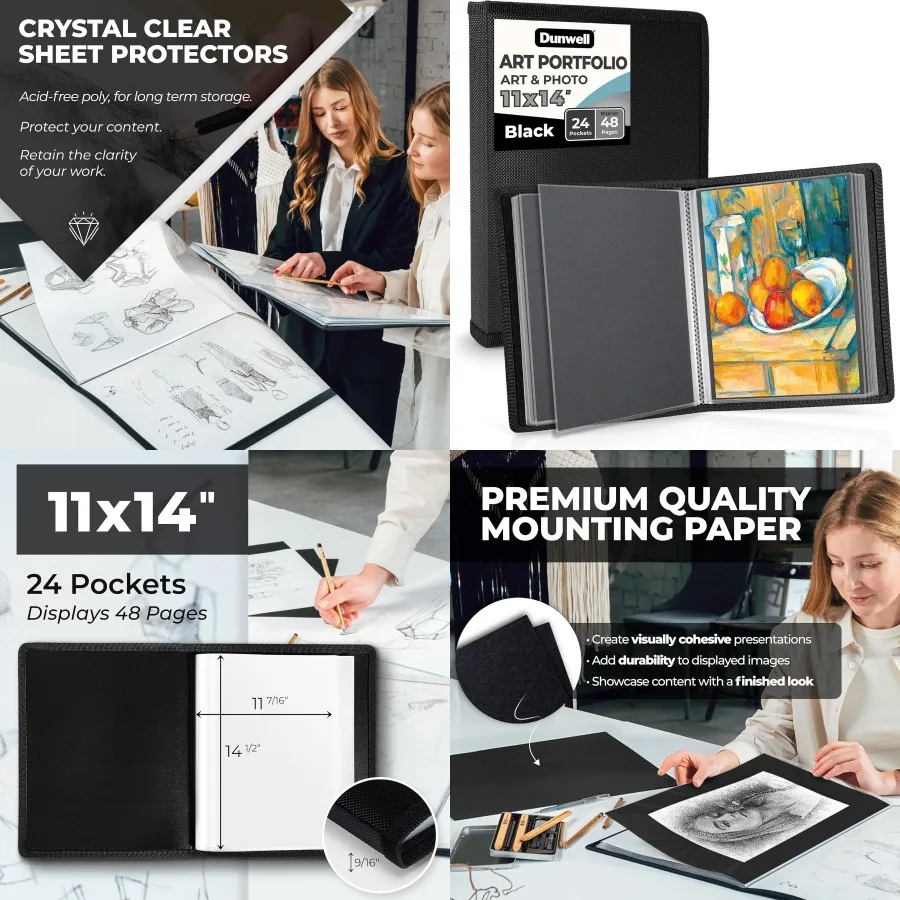 Carpeta grande de portafolio de arte de 11x14 con papel de montaje en negro para almacenamiento de obras de arte profesionales y características de presentación 24 Sle