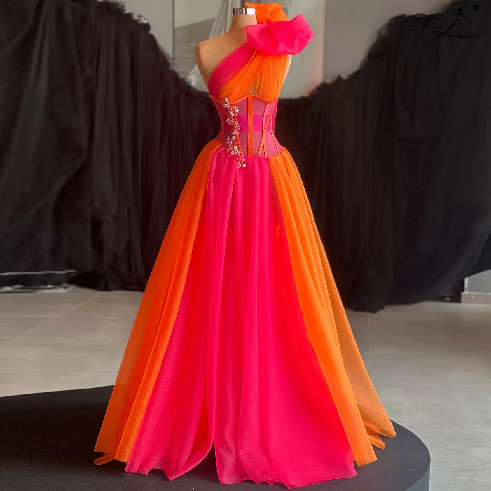 

Evening dress pink and orange contrast tulle dress small flower decoration A-line party dress cocktail dresses for women
