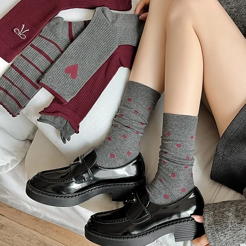 Retro Women's Socks New Autumn Winter Dots Long Cute Socks Casual Embroidery Girls Heart Korean Style Red Printed Socks Fashion