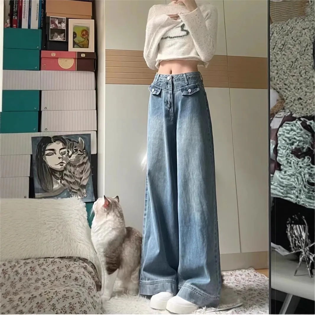 

Retro American Washed Denim Jeans Women's High Waist Slim Straight Leg Floor-Length Pants Casual Wide Leg Jeans Summer New
