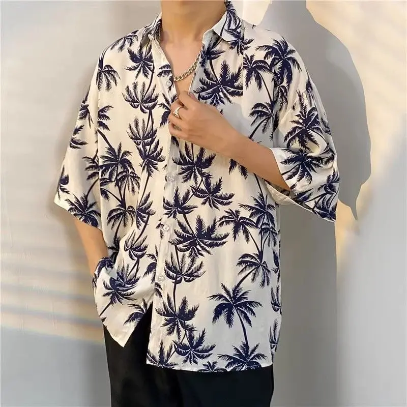 

EBAIHUI New Hawaiian Printed Shirt Vintage Men's Flower Blouse Loose Flip Collar Couple Beach Vacation Style Blusas Tops