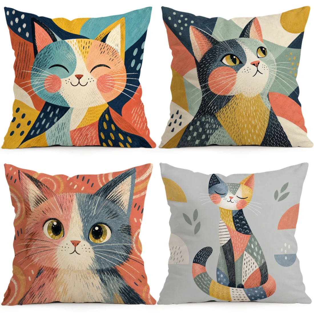 Hand Drawn Art Style Geometric Cat Cushions Pillowcase Polyester Cushion Cover Throw Pillow Pillowcover Home Car Sofa Decor