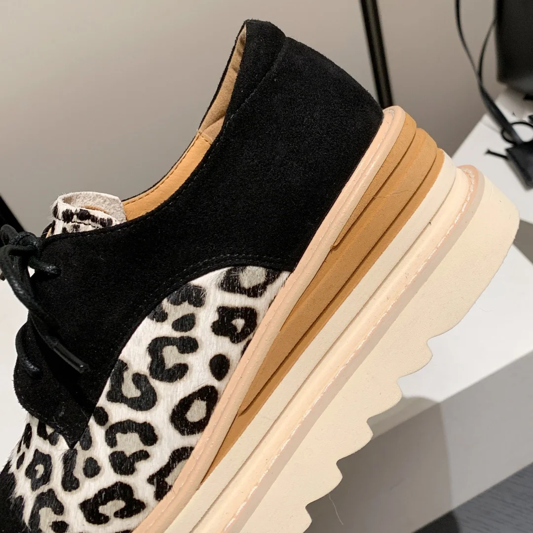 Women\'s natural suede leather horsehair patchwork thick sole platform flats lace-up oxfords square toe high quality casual shoes