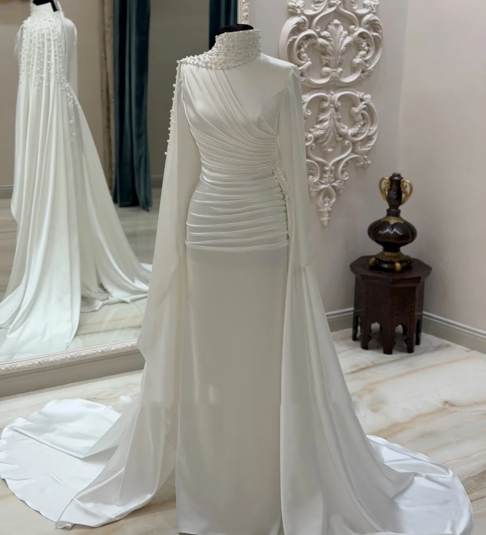 

Индивидуальные вечерние платья из шармеза с пайетками, жемчугом и складками, с высоким воротником, длинные, роскошные, в китайском стиле, 2025 год