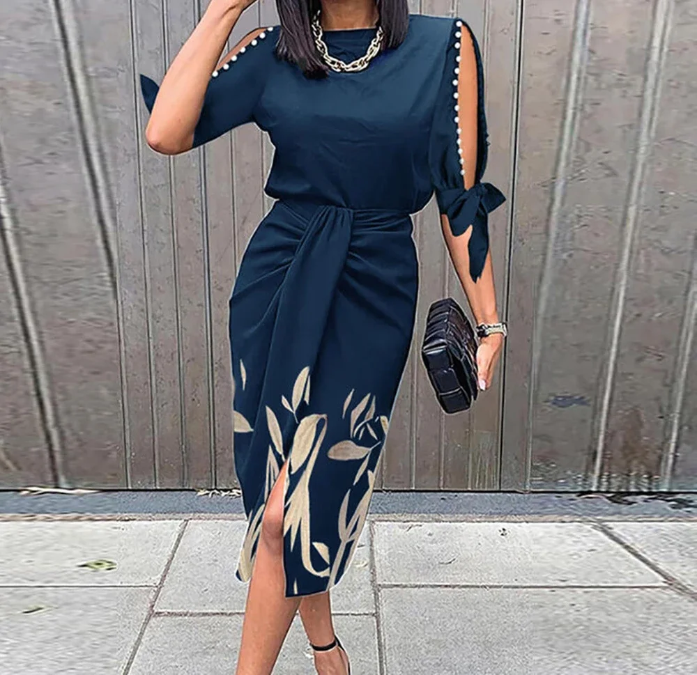 Sexy Dress Women 2024 Printed Fashion Slit Slim Fit Pleated Dresses Elegant Pullover Round Neck Short Sleeve Skirt for Female