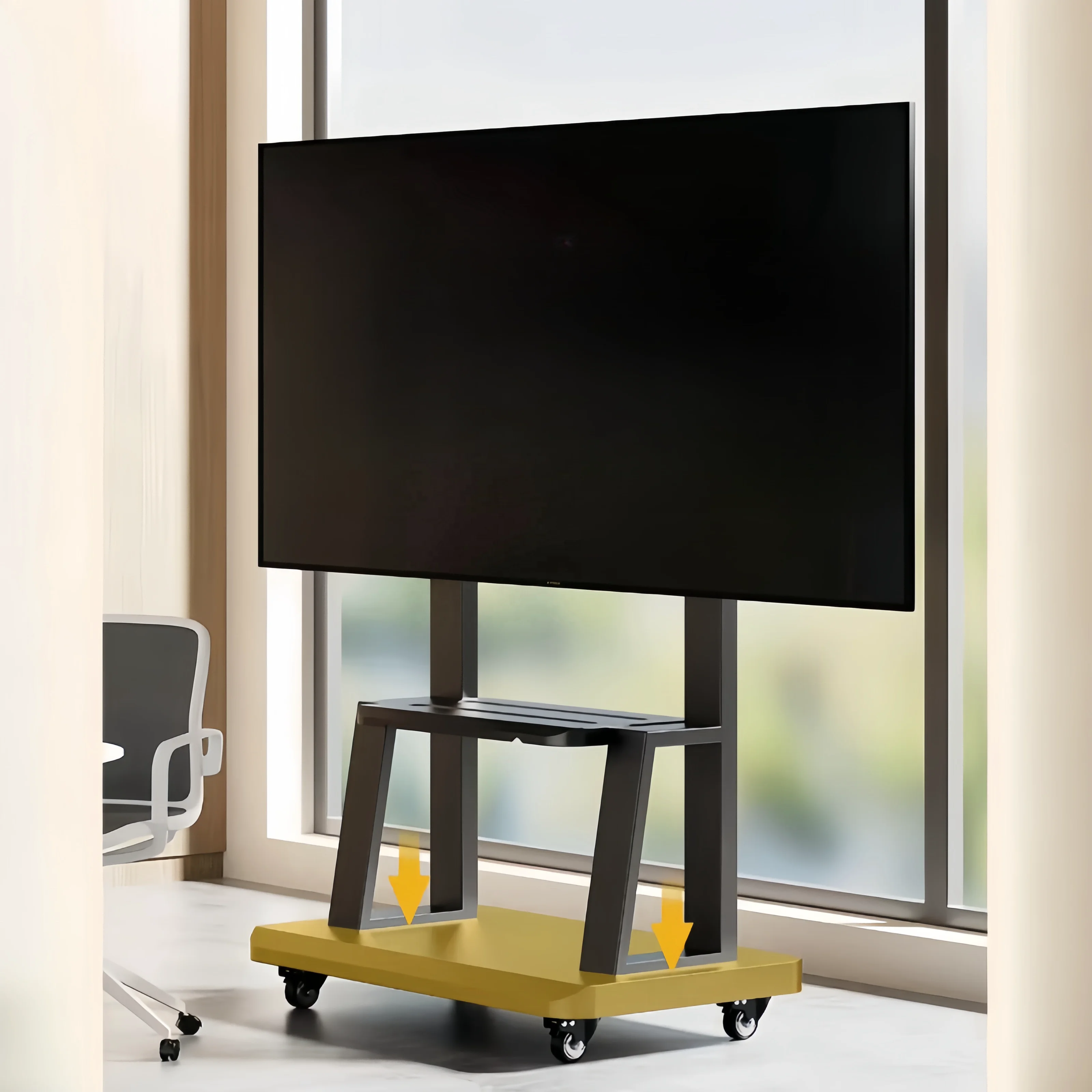 

Portable Metal Pin Panel Movable Monitor TV Rack Vertical Floor Mobile Wheeled TV Cart with Shelf
