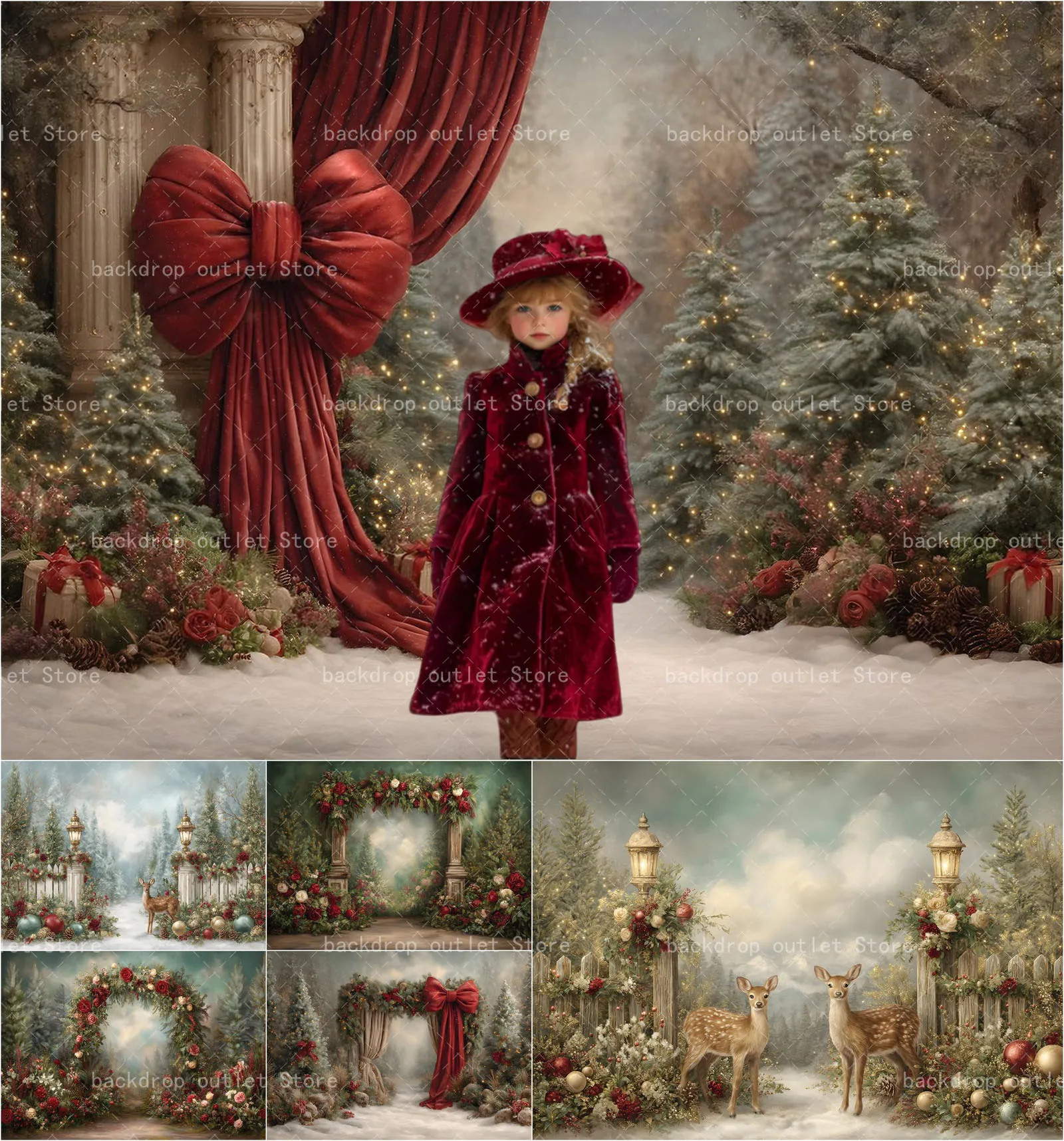 Mehofond Photography Background Vintage Red Bow Curtain Forest Xmas Tree Decor Kids Family Portrait Backdrop Photo Studio