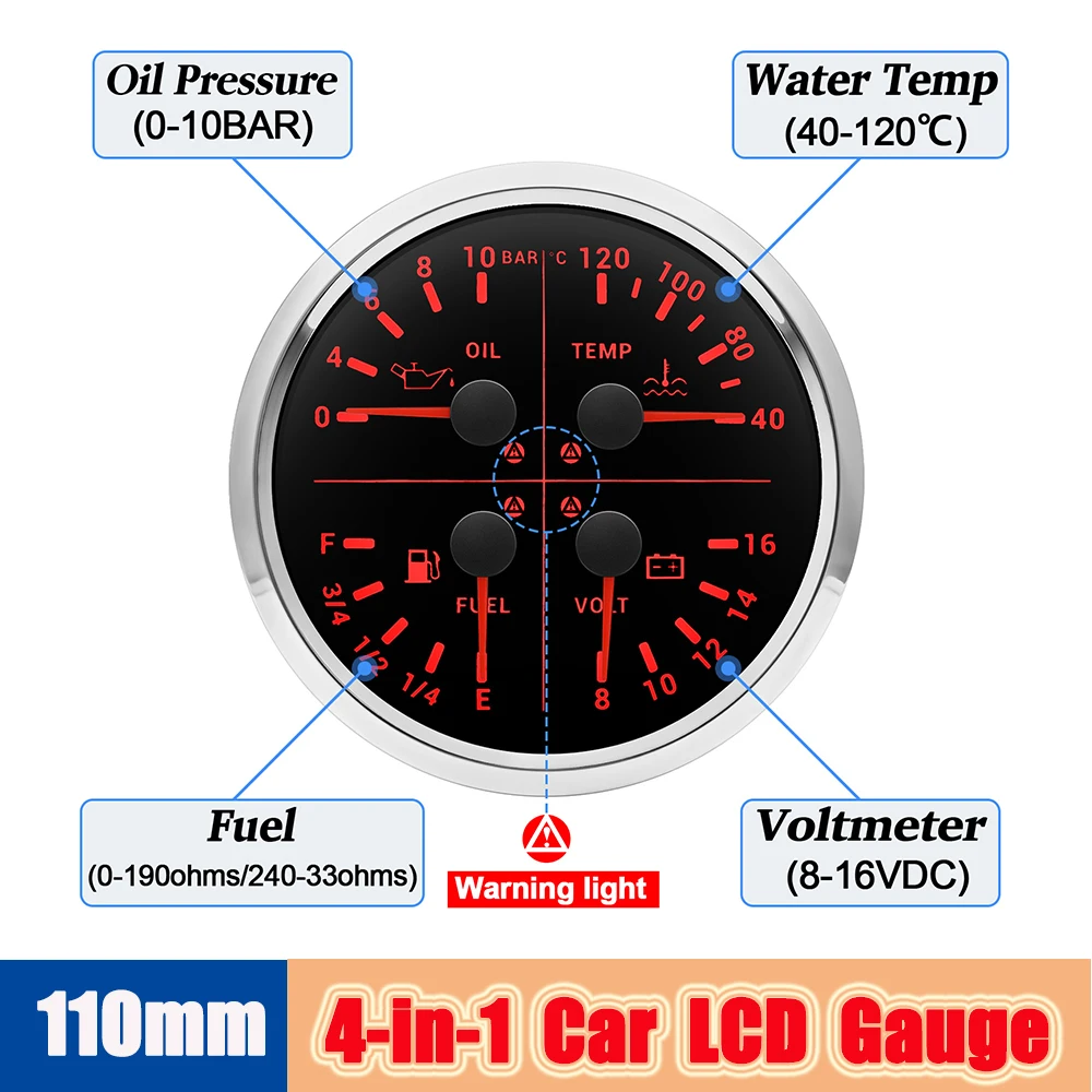 Universal Gasoline Cars 4 in 1 Digital Instruments Gauges Voltage+fFuel Press+Water Temperature+Oil Gauge 1/8NPT Sensor(Options)