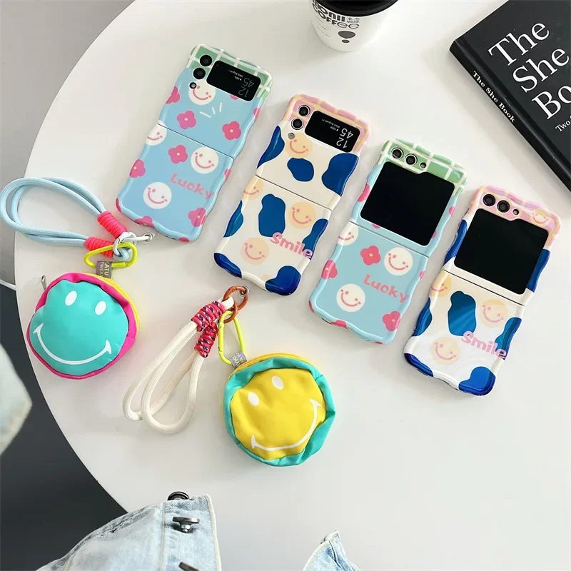 Cartoon Cute Happy Face Phone Case for Samsung Galaxy ZFlip6 4 3 Hard Cover for ZFlip5 Flip3 Zflip4 Solid Shell Bracket
