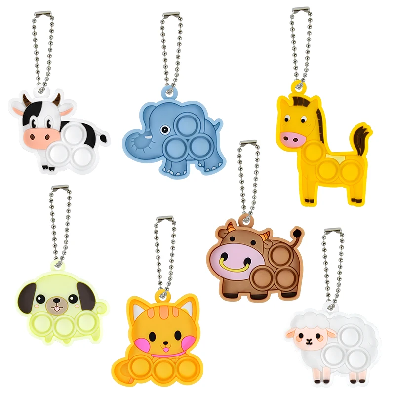 Mini llavero de dibujos animados de 7 piezas para niños, juguetes sensoriales Kawaii para aliviar el estrés, perro, gato, elefante