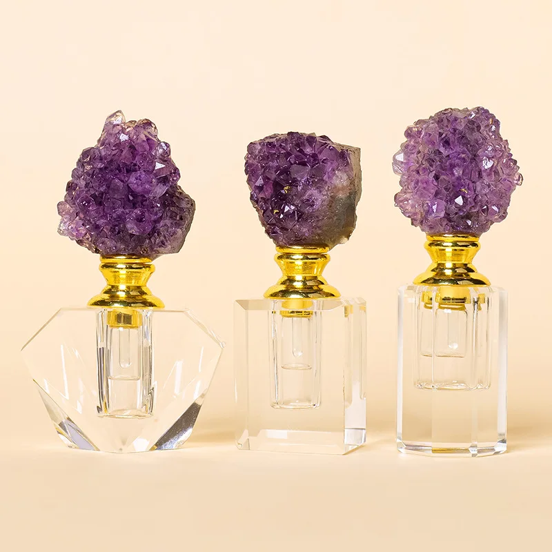 Natural Purple Amethyst Essential Oil Bottle Creative Crystal Stone Fragrance Bottle High-grade Handicraft Decor Birthday Gifts