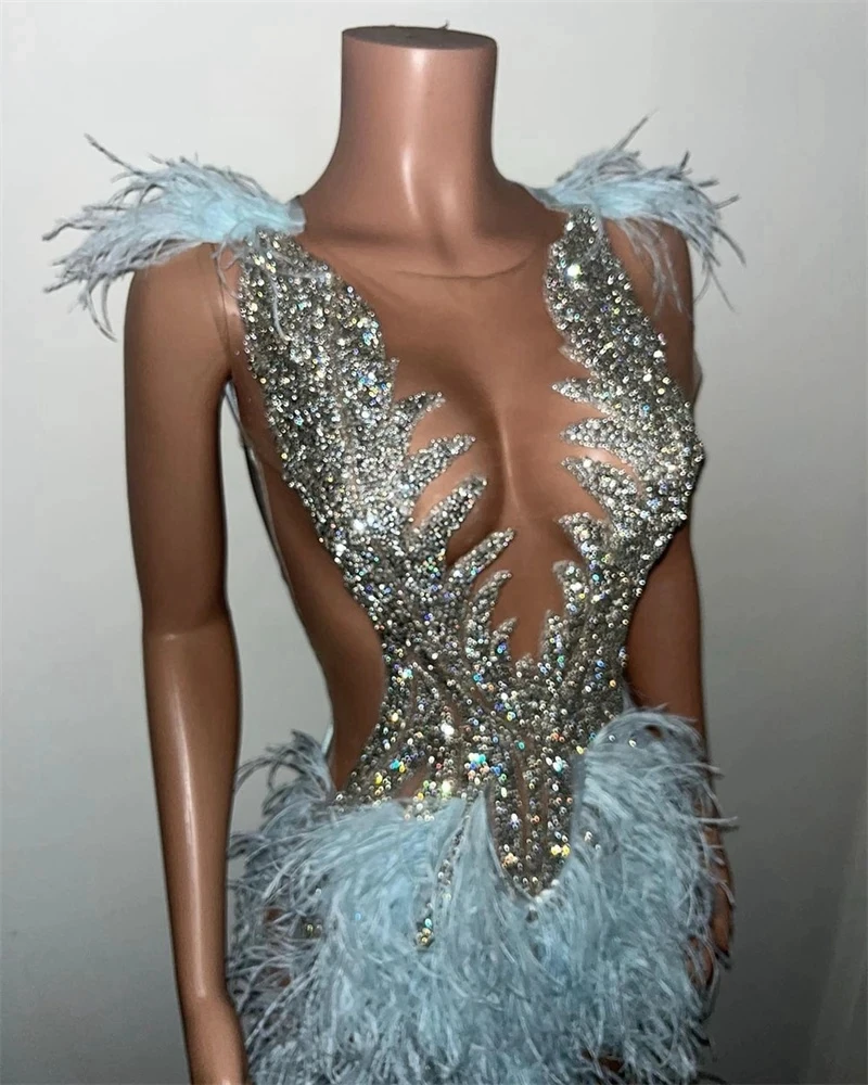 Sky Blue Sheer Feather Crystals Short Prom Dresses For Black Girls African Cocktail Dresses Birthday Party Homecoming Customized