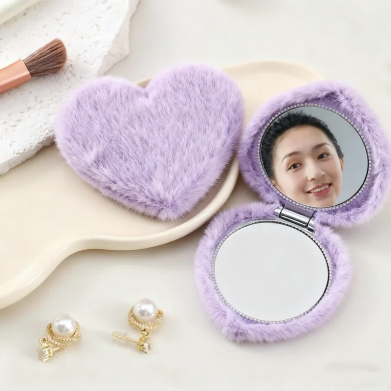 발렌타인데이 선물 접이식 플러시 양면 메이크업 거울 휴대용 우아한 여행용 핸드헬드 화장 거울 컴팩트 포켓
