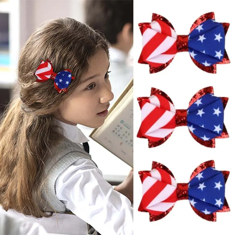 

Oaoleer 2Pcs Glitter Stripes Hair Bow Clips Star Print Flag Hairpin Sweet Girls Barrettes 4th of July Hair Accessories Headwear