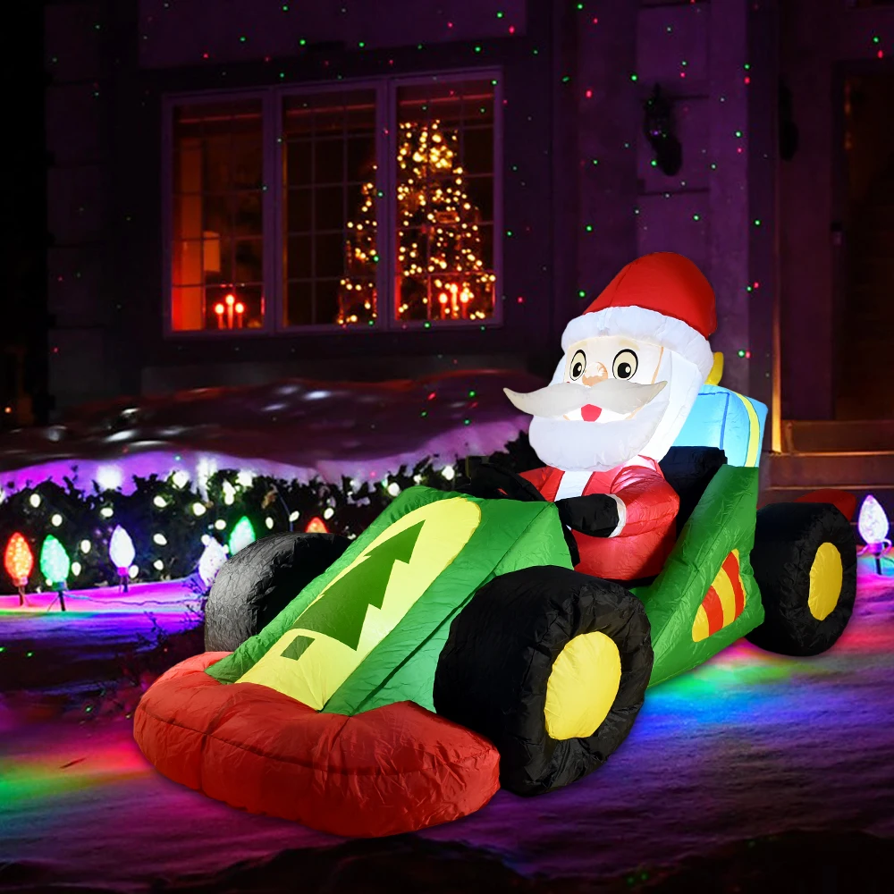 Decoraciones inflables para fiesta de Navidad de coche de carreras con conducción de Papá Noel con luces LED, decoración de patio al aire libre para regalo de vacaciones
