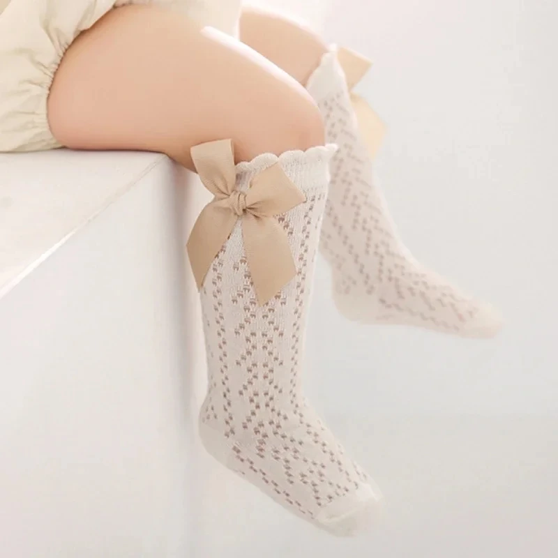 5 Pairs Infant Baby Girls Socks 0-3Y Girls Solid Bow Lace Knee High Sock Pack Infant Girls Soft Cotton Long Mesh Socks Clothing