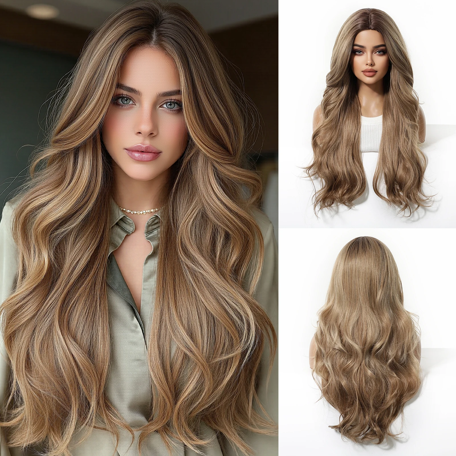 

Allbell Magique Градиент Светло-коричневый с золотисто-коричневыми бликами Длинный парик с челкой Термостойкие длинные волнистые вьющиеся синтетические волосы