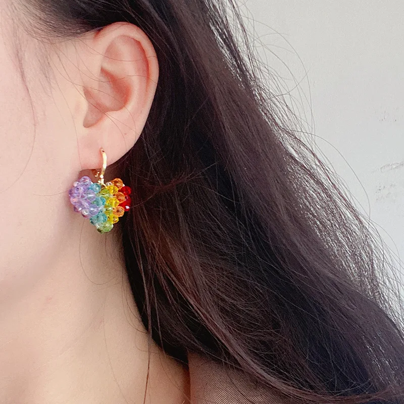 Handmade Woven Crystal Heart Pendant Earrings New trend Rainbow Earrings Female Stainless Steel Ear Clip Without Ear Hole image 3