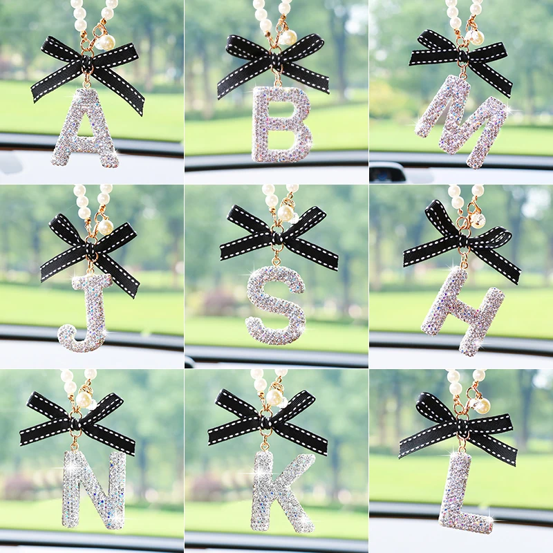 Fashionable Bow, White Letters, Car Decoration, Creative Diamond Inlay, English Car Rearview Mirror, Car Pendant, Exquisite Car