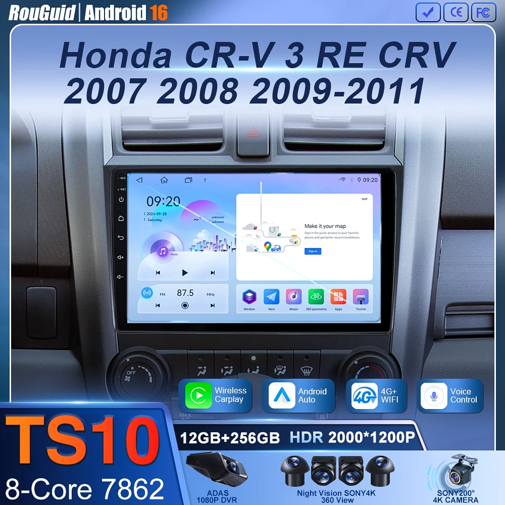 Car Screen Android 16 For Honda CRV CR - V 3 RE 2007 - 2011 Car Radio Stereo Head Unit Automotive Multimedia Bluetooth 5G Wifi