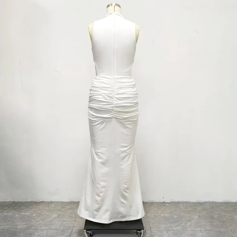 New women's high-neck sleeveless maxi dress cut-out detailing waist metallic finish figure-huggingpleated perfect parties