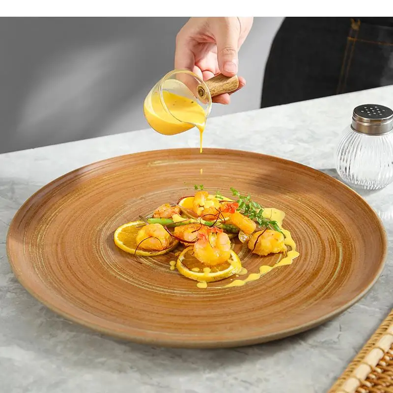 Retro Ceramic Dinner Plate Round Speciality Cutlery Simple Restaurant Striped Pattern Pasta Steak Snack Dessert Tray