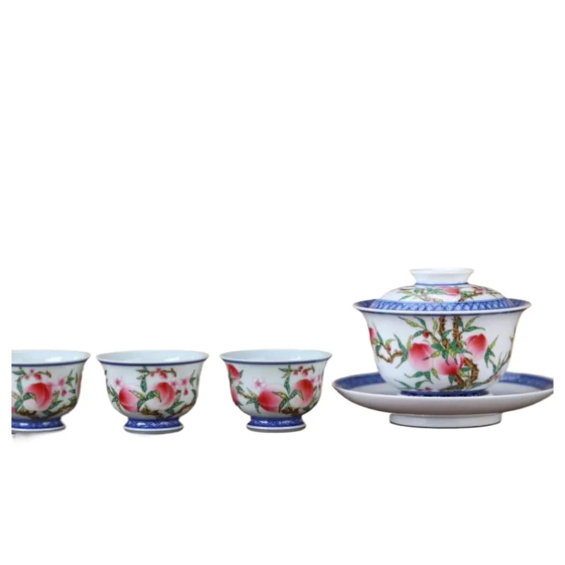 Purely handmade, ceramic tea set blue and white pastel nine peach kung fu tea set hand-painted pastel master cup cover bowl cup