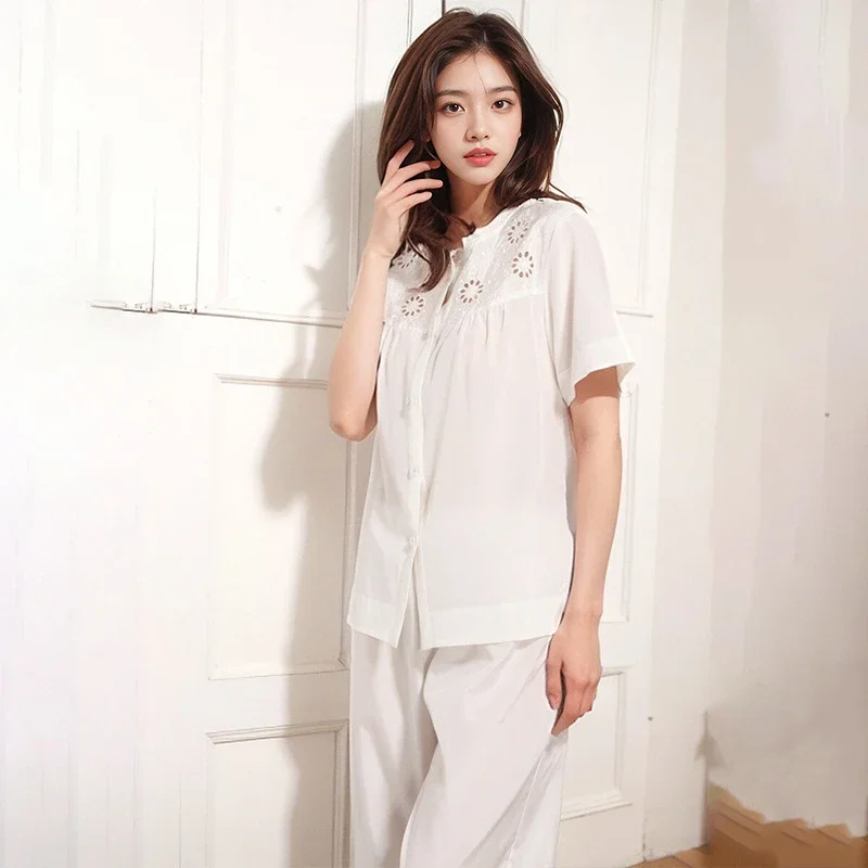 Hollow 2PCS 100% Mulberry Silk Pajamas Women Round Neck Cardigan Pants Breathable Sleepwear Summer Short Sleeve Casual Nightwear