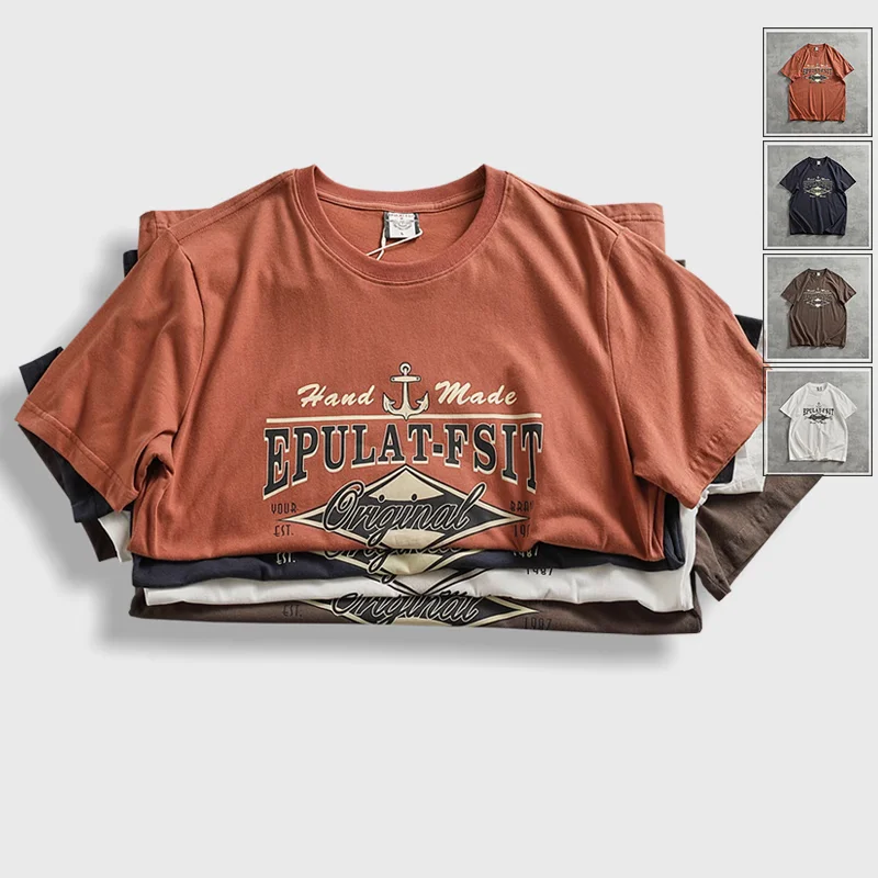 2024 Summer New American Retro Short Sleeve O-neck Letter Anchor Printed T-shirt Men's Simple 100% Cotton Washed Casual Tops