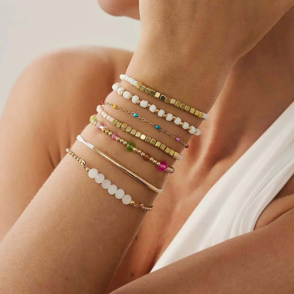 7 قطعة/المجموعة Y2K البوهيمي كريستال سلسلة أساور ملونة الحد الأدنى أساور مرنة للنساء اليومية حزب زوجين مجوهرات