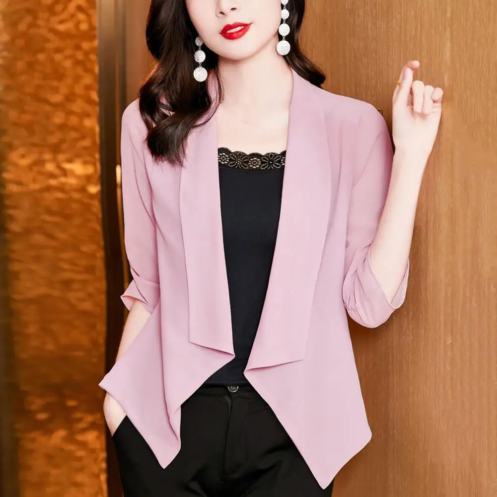 Open Placket Women Coat Chic Women's Open Stitch Lapel Elegant Business Ol Commute Style Solid Color Loose Fit Three Quarter