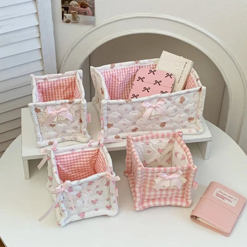 Ins Aesthetic Quilted Stationery Storage Basket Sweet Pink Checkered Korean Style Scrapbook Organizer for Living Room Bedside
