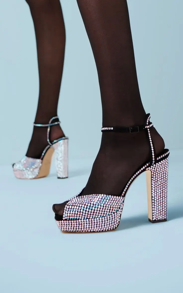 Peep Toe Rhinestone Upper Platform Sandals Ankle Straps Buckle Block High Heels Hollow Crystal Trim Designer Summer Sexy Party