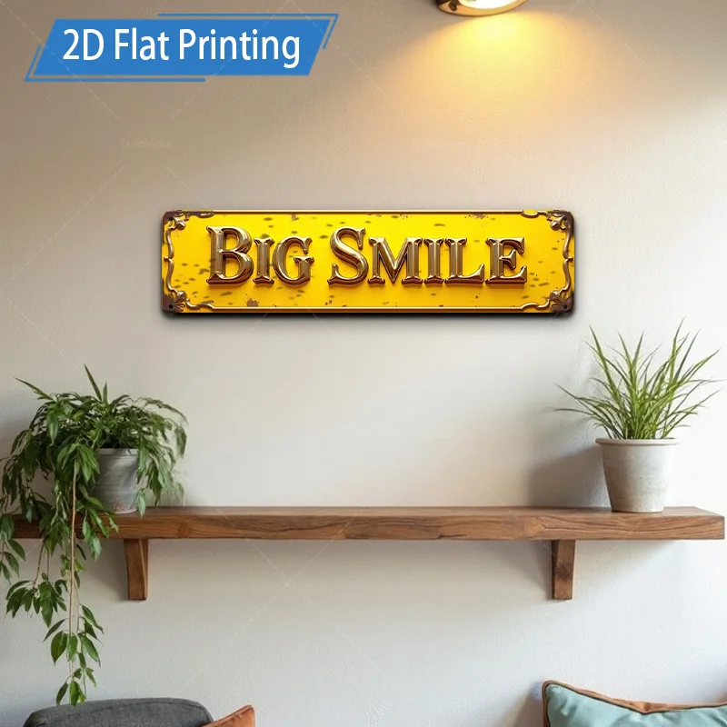[2D FLAT] قطعة واحدة من اللافتات المعدنية، مقاس 4 × 16 بوصة باللون الأصفر القديم "BIG SMILE" علامة معدنية لتزيين الحائط