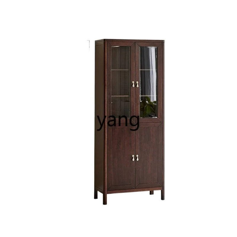 

LTT New Chinese Style Solid Wood Bookcase Home Living Room Storage Cabinet Wall-Mounted Bookshelf with Glass Door