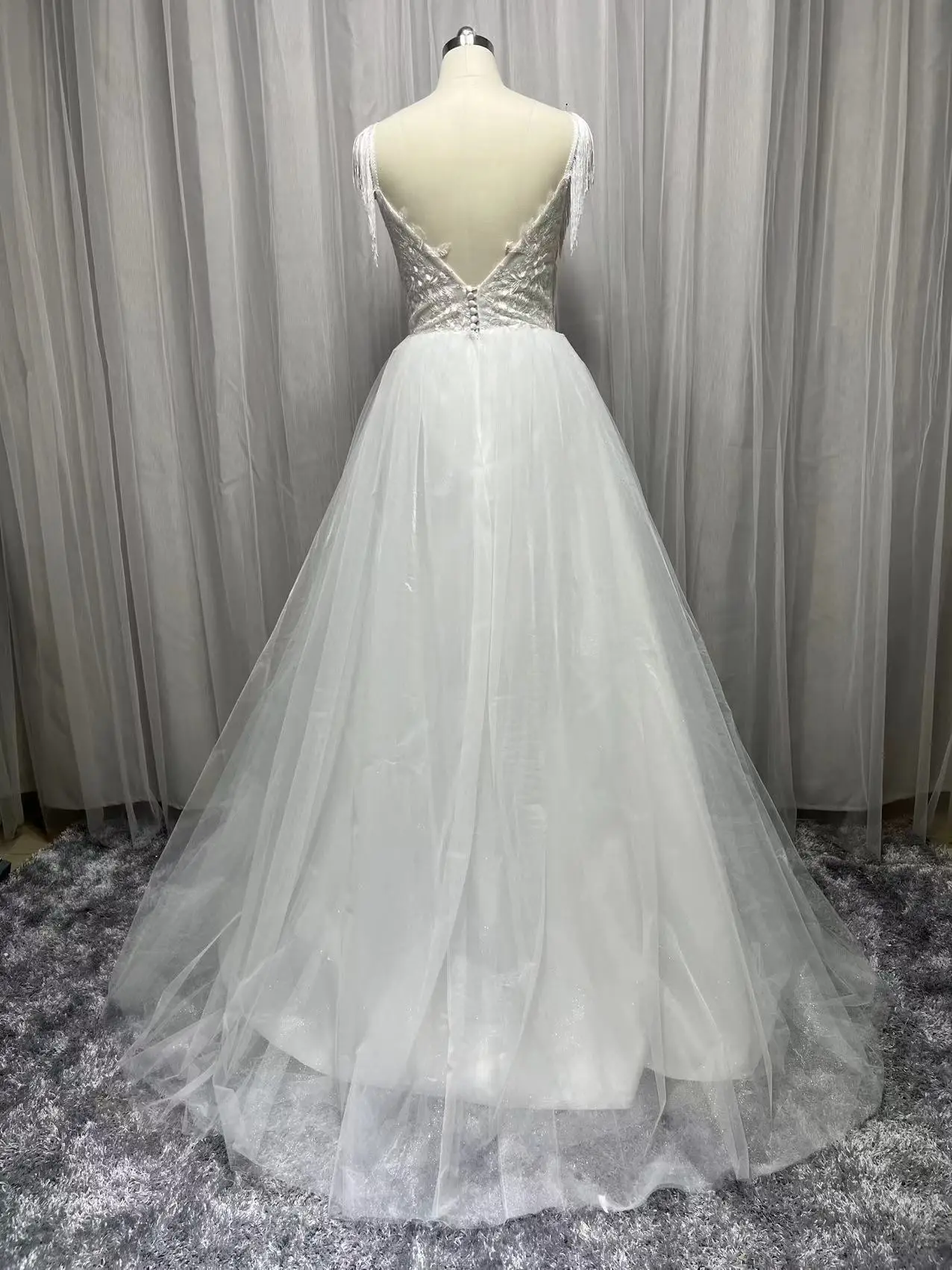 تخصيص الصورة الحقيقية الدانتيل يزين السباغيتي حزام الخامس الرقبة أكمام فستان زفاف ألف خط Vestido De Noiva شرابة فستان الزفاف